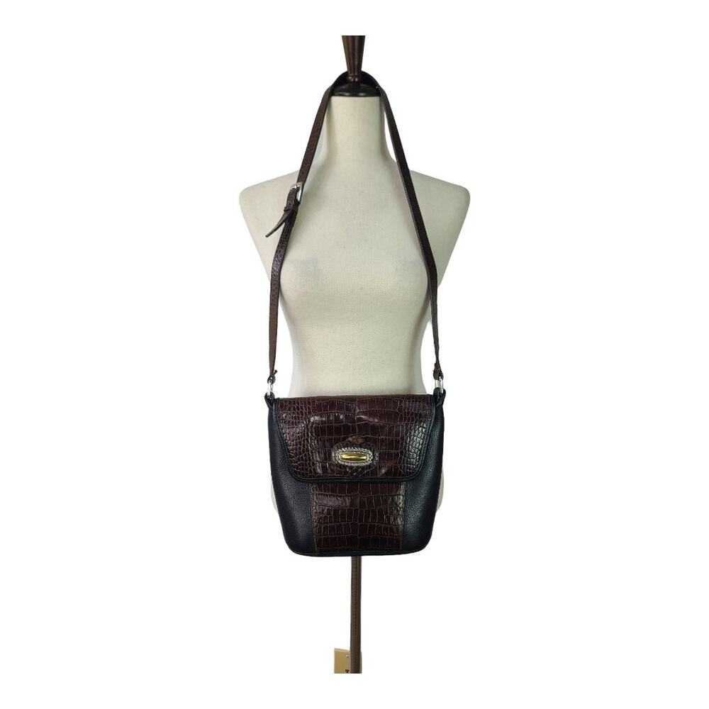 Brighton Black Brown Leather Reptile Embossed Crossbody Vintage Bag Purse